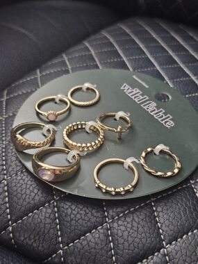Wild Fable 8pc Gold Tone Ring Set Celestial Sun Cross Rhinestone Signet Bands